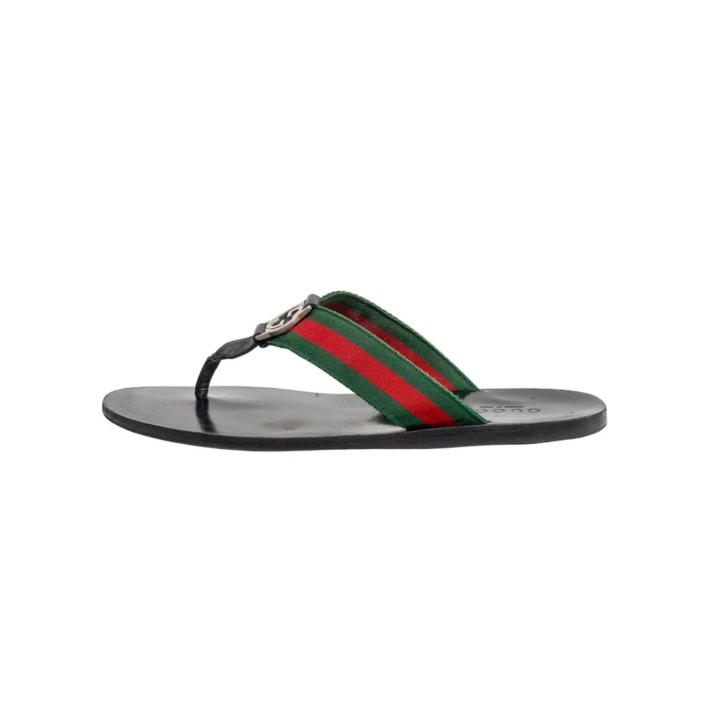 Gucci Web Stripe Interlocking G Logo Thong Sandals Black Leather Green Red 8.5
